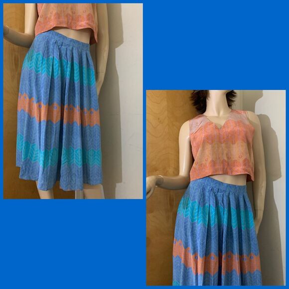MORGAN CARPER Anthropologie Blue Multi 100% Silk Pleated SERI Midi Skirt SMALL - Picture 15 of 15